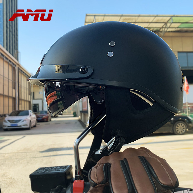amu夏季摩托车头盔轻便式男女半盔复古机车瓢盔摩托车头盔