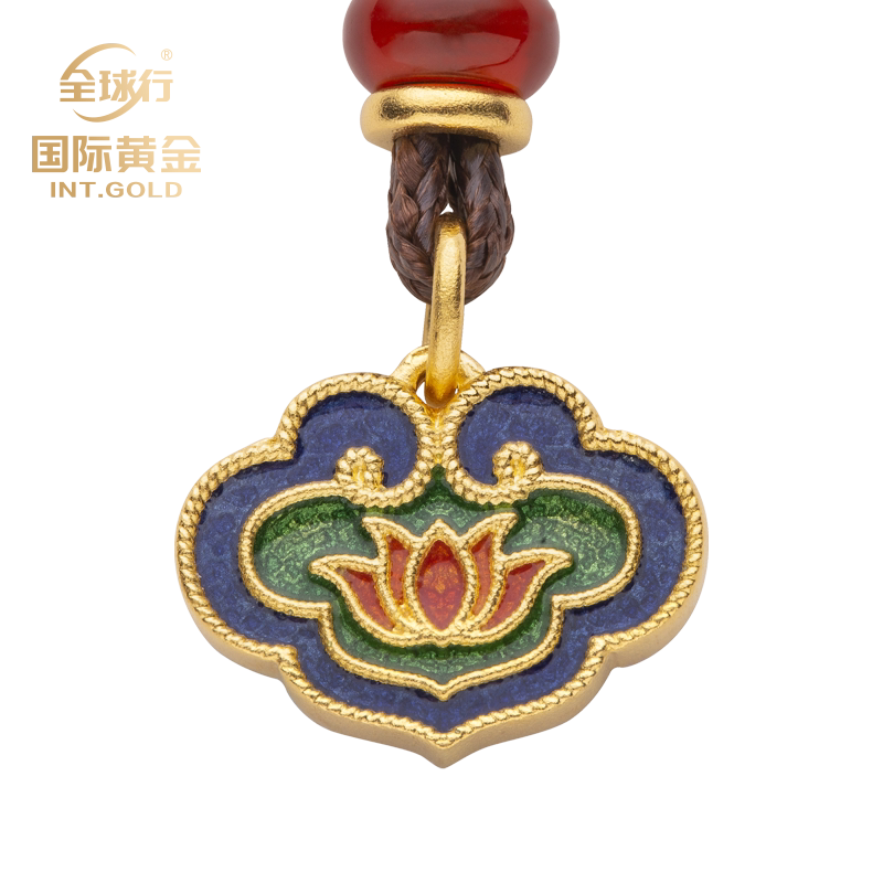 全球行古法黄金吊坠女足足金莲花如意项链坠子颈饰