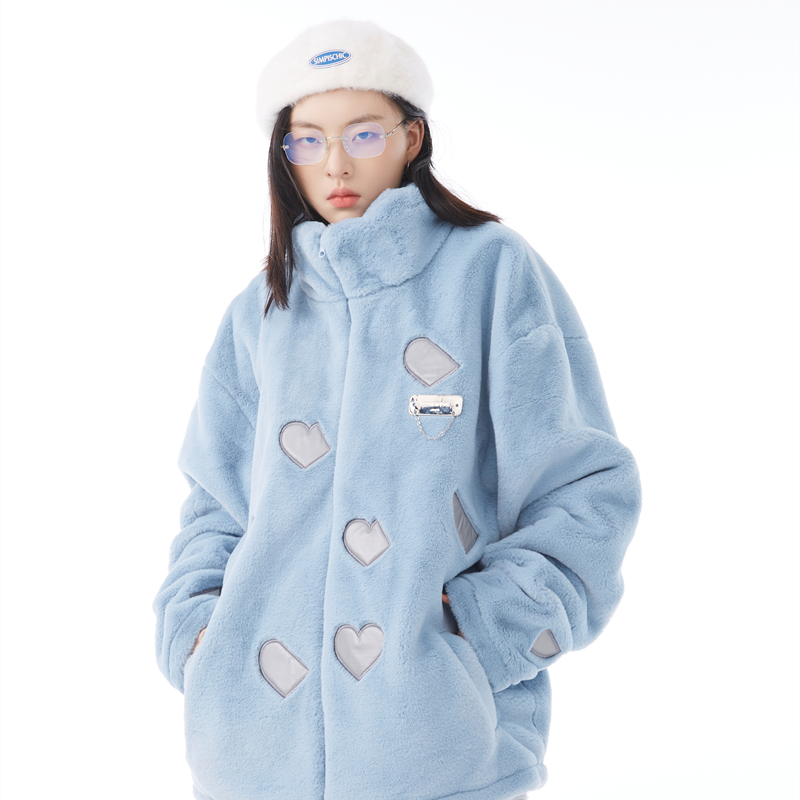 SPEAR YOUTH原创反光爱心刺绣外套男女宽松情侣仿兔毛棉服上衣冬