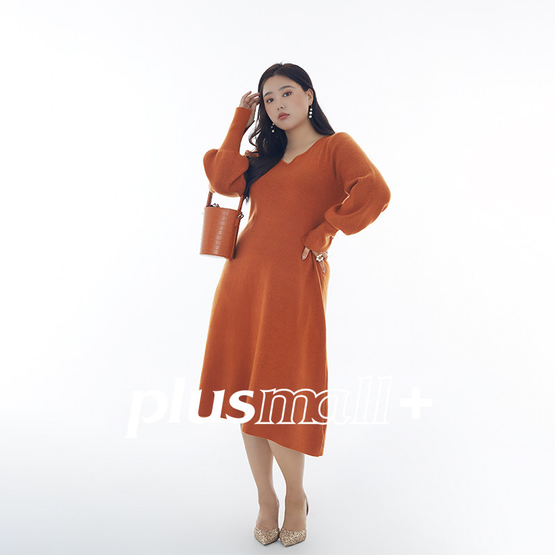 plusmall大码女装早秋裙子子女极简摩登优雅针织大码女装