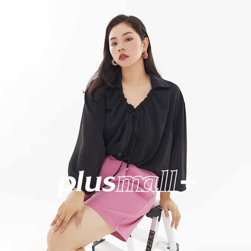 plusmall鎏金熠熠定制高密缎面设计感撞色系带翻领大码女装