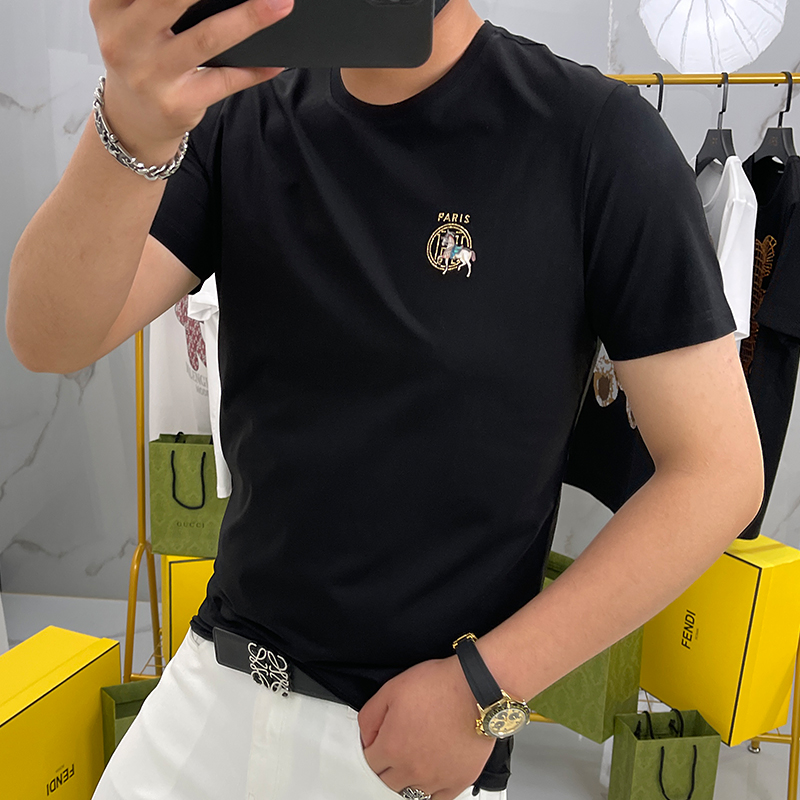 H家战马短袖T恤男欧洲站2022夏季新款简约小标大牌体恤纯棉白色潮