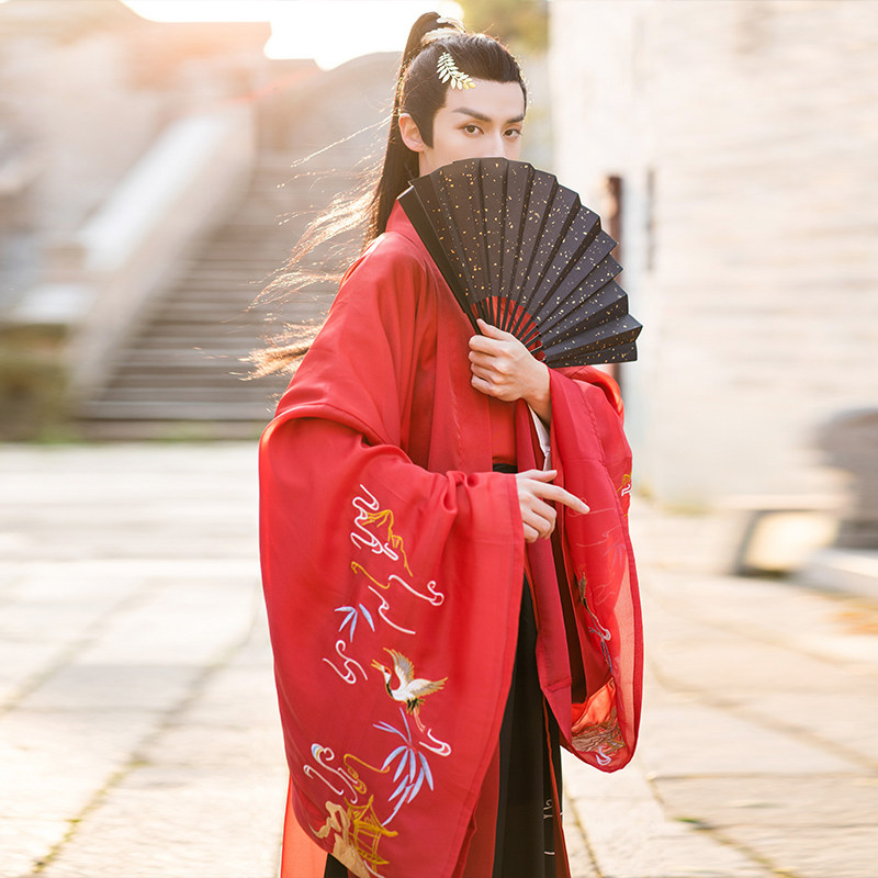 孤鲤原创红色汉服男全套古装魏晋古风仙气道袍汉服