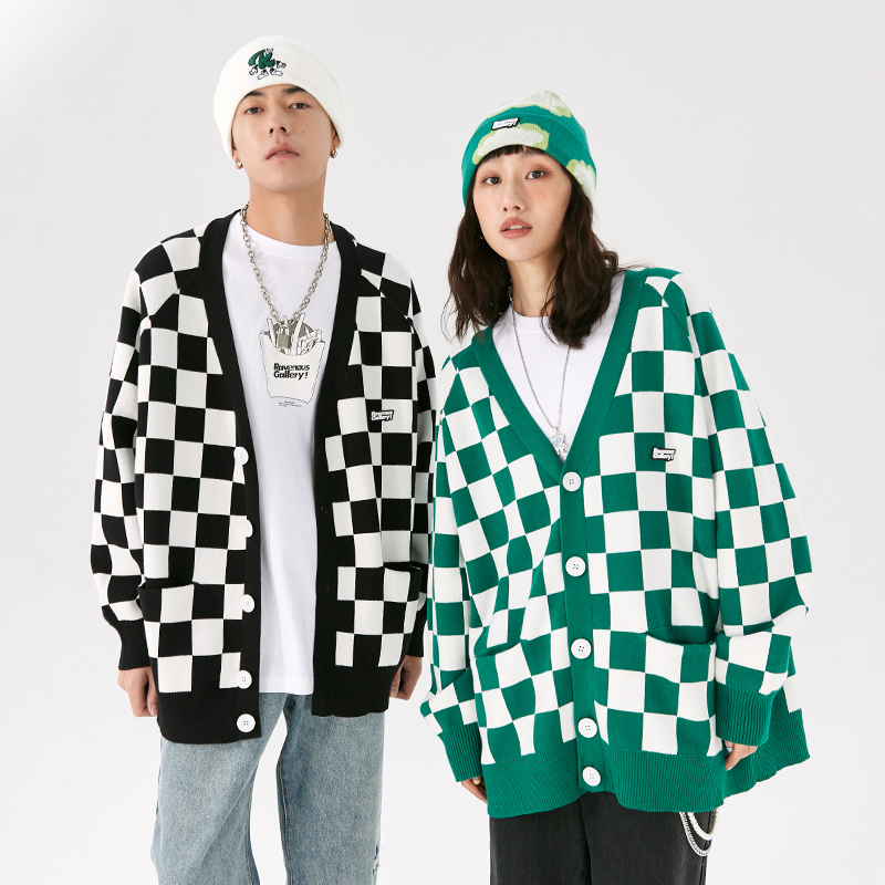 【怿涵同款】RAVENOUS春季新款棋盘格毛衣开衫宽松休闲针织衫外套