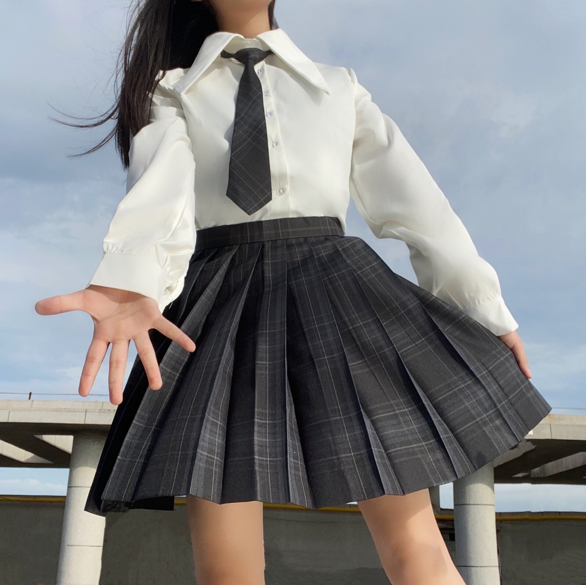jk武皇实拍碳灰日制服基础格裙格中长甜美学生时尚套装