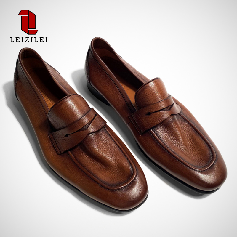 LEIZILEI软皮软底乐福鞋男休闲皮鞋春季懒人一脚蹬真皮豆豆鞋男鞋