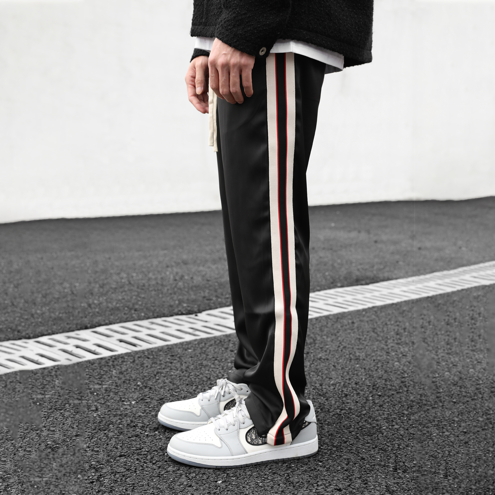 CLIMAX VISION爽滑冰丝侧边织带条纹垂感休闲长裤宽松直筒裤潮牌