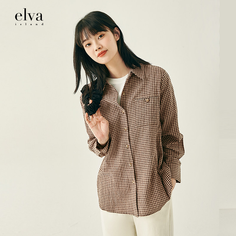 elvaisland气质格纹学院文艺减龄衬衫长袖百搭衬衫