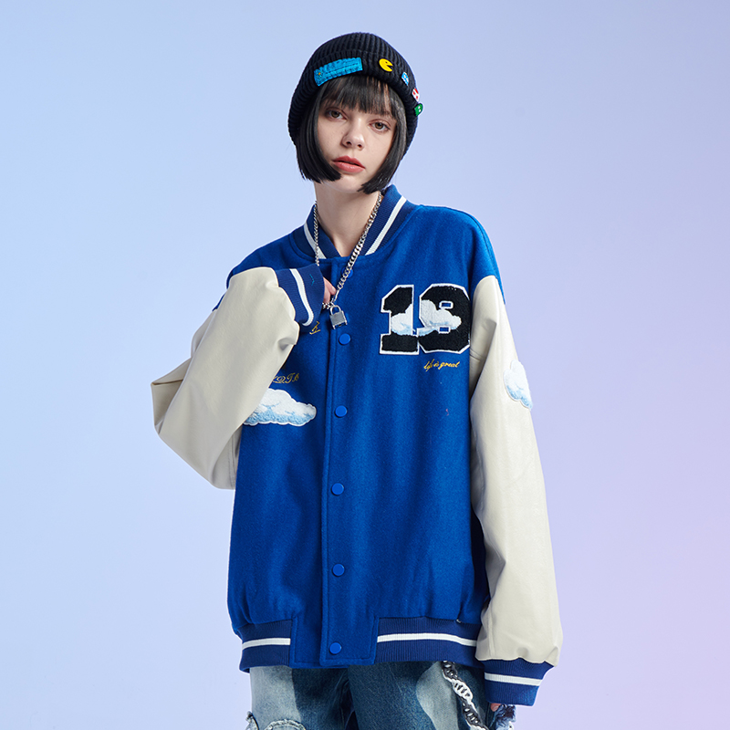 TNQT心碎创可贴 潮牌白云立体毛巾绣PU皮棒球服毛呢夹克外套男女