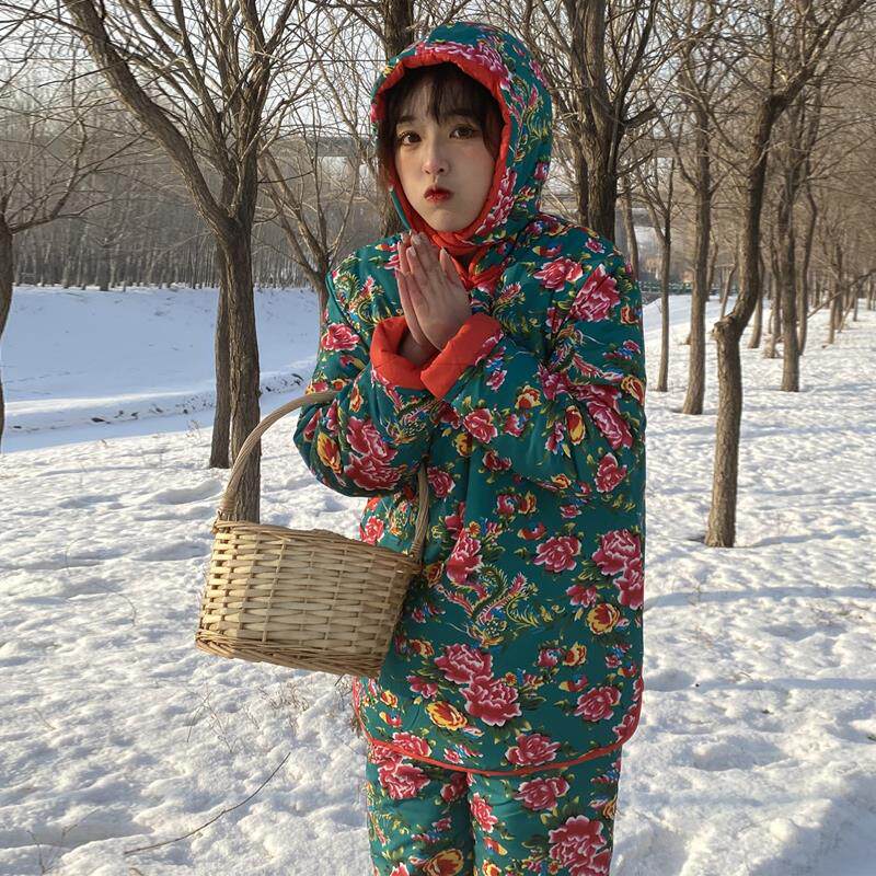 棉袄东北北大女大花布套装红配棉服网红同款棉衣