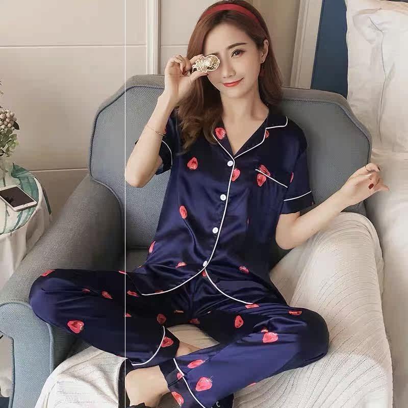 睡衣m4xl春秋仿真真丝长袖女加肥大家居服春夏睡衣