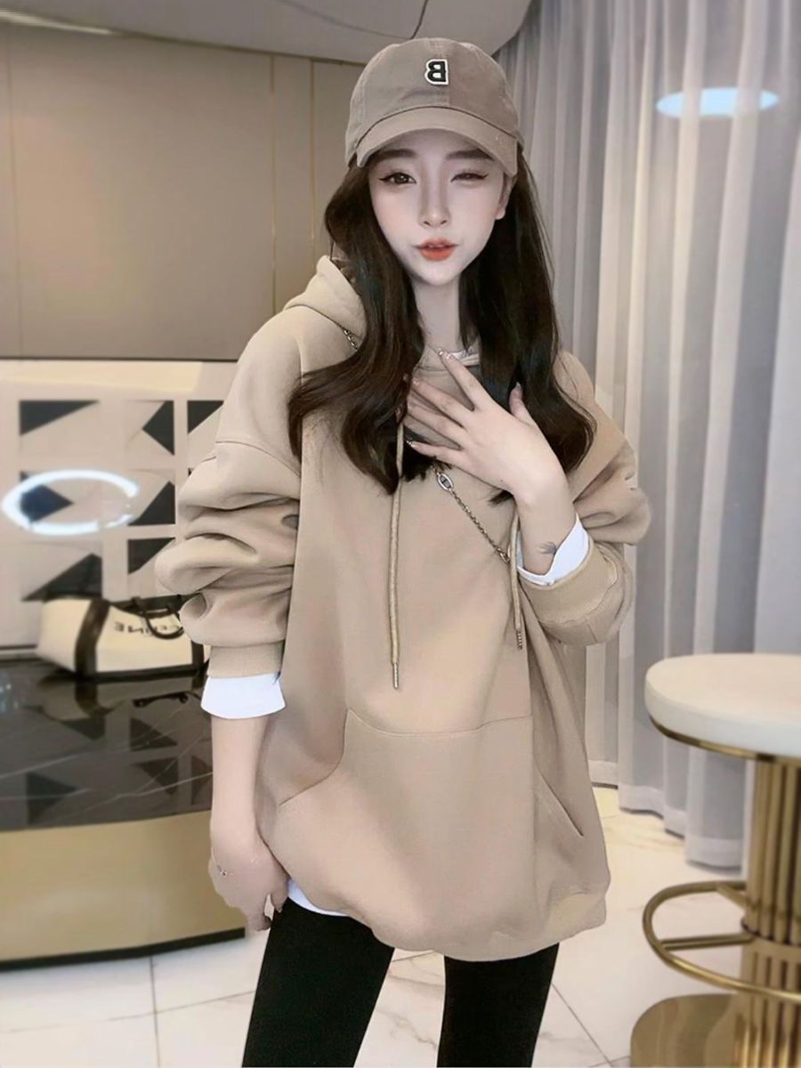 卡其色加绒连帽卫衣女2022年秋冬新款韩版纯色时尚宽松慵懒上衣潮