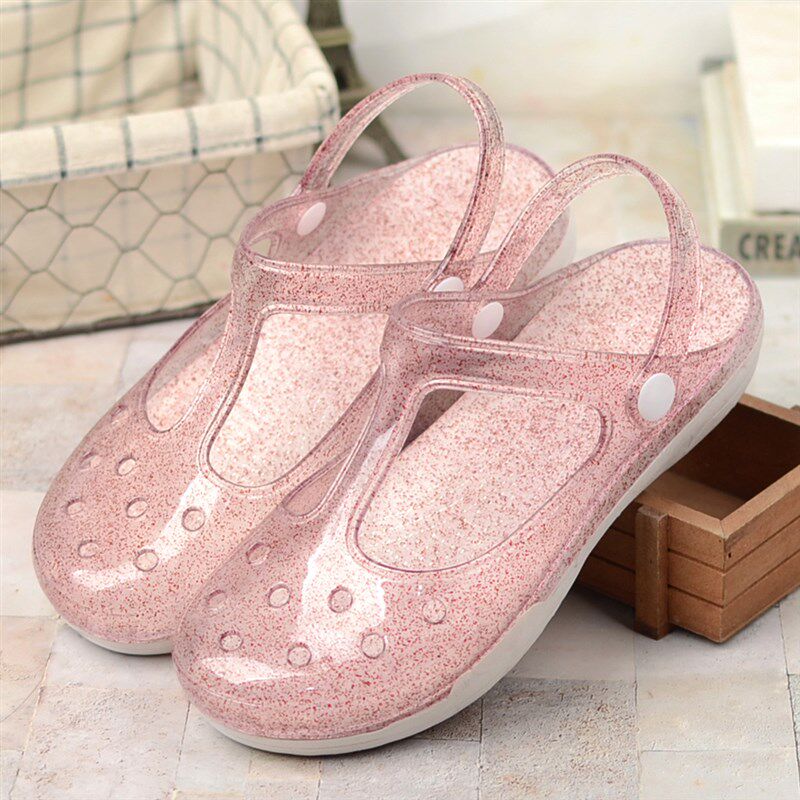 洞洞透明女生鞋鞋厚沙鞋休拖滩闪亮包头闲底包头拖