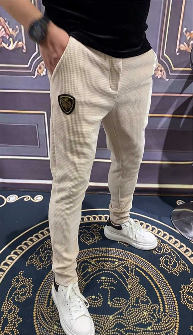 欧洲站男装夏季薄款男士休闲裤修身小脚裤男2022新款米色运动长裤