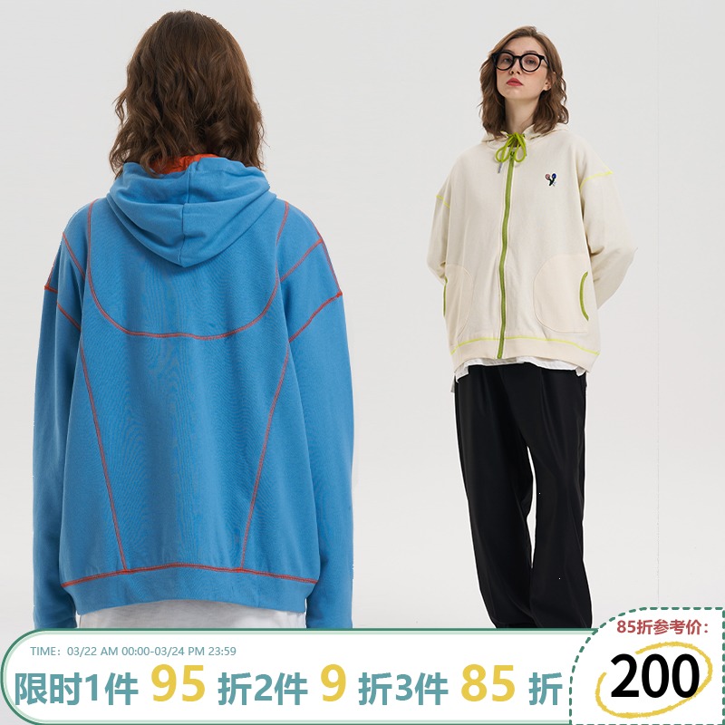 N2MU BRAND春季撞色包边连帽开衫外套情侣落肩纯棉双色基础卫衣潮