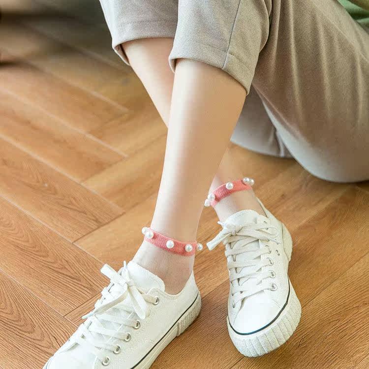 袜子女夏季薄款珍珠水晶丝短袜浅口ins潮春秋花边透明仙女网纱红