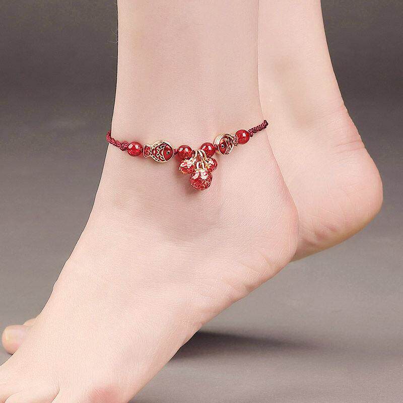 脚链古语今风古风双鱼铃铛声音红绳链子女款脚链