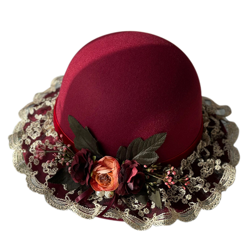 红色毛呢礼帽女秋冬百搭时尚名媛贵妇蕾丝花朵渔夫帽女显脸小日系