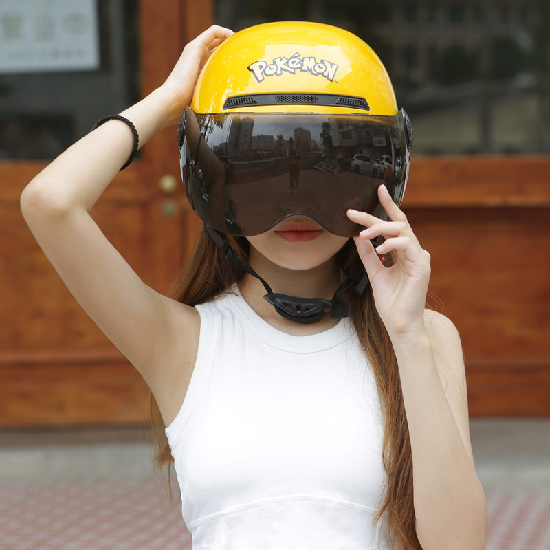 卡通动漫电动车头盔可爱电瓶车安全帽哈雷黄色半盔电动车头盔
