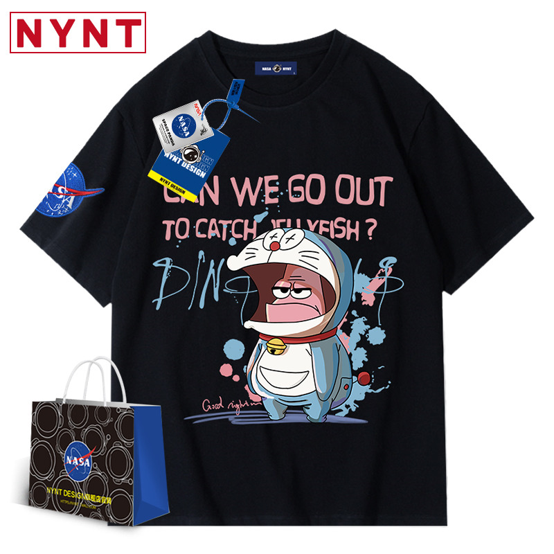 nasa联名款哆啦A梦纯棉黑色男t恤短袖海绵宝宝派大星宽松潮牌半袖