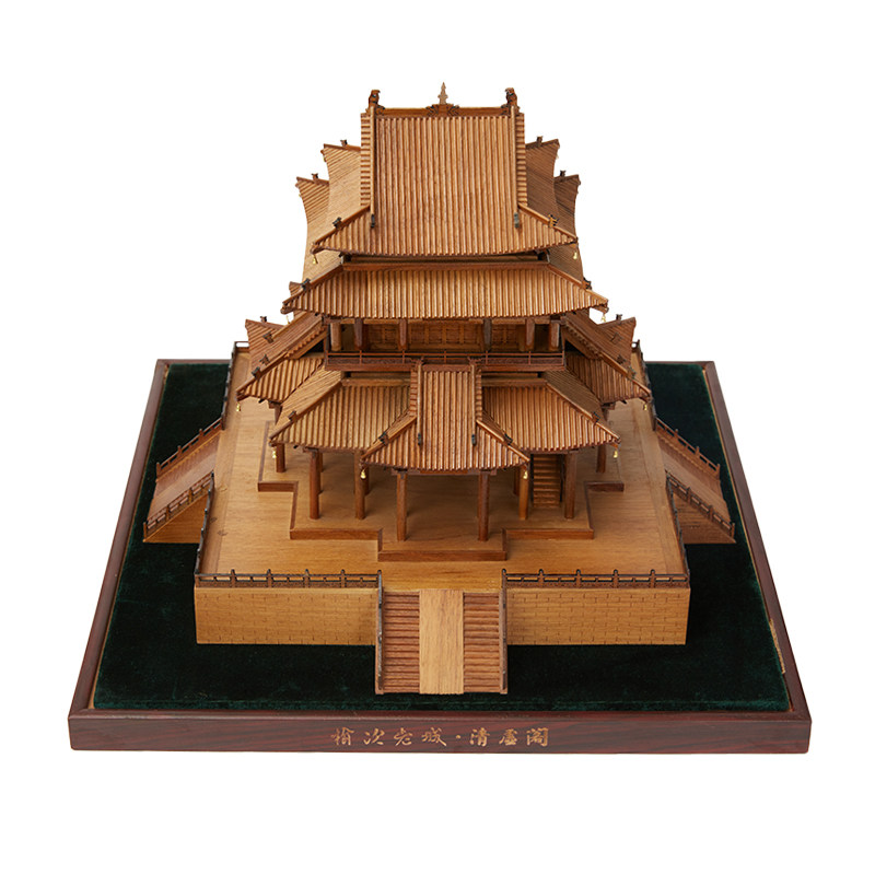 中国古建筑摆件实木办公室高档摆设装饰品工艺品手工文创