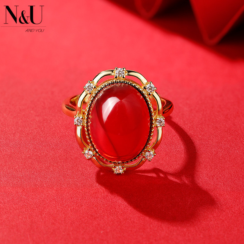 天然红色琥珀蜜蜡戒指2022年新款樱桃红血珀本命年戒指