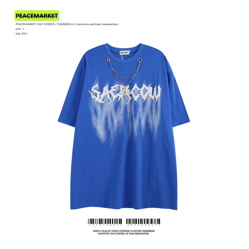 PEACEMARKET 高街克莱因蓝哥特风项链宽松短袖T恤男女街头半袖tee