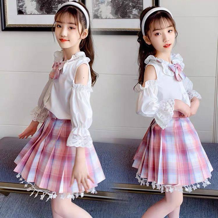女童学院套装2021新款儿童日系露肩jk裙子套装