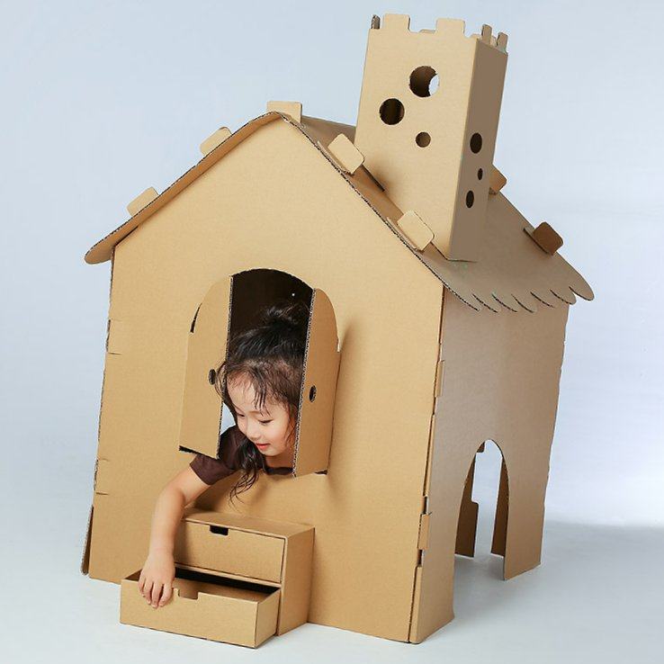超大超大型型号纸箱小屋房子模型纸壳板手手工白模填色