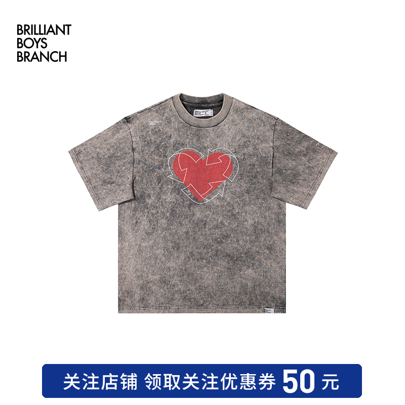 BBB 2022SS 潮牌胸前爱心LOGO水洗做旧短袖T恤男美式宽松纯棉夏季
