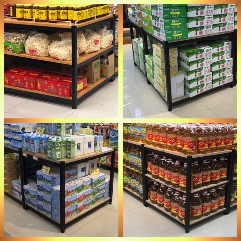 超市牛奶钢木货架礼品堆头粮油米面奶堆架子地堆超市货架