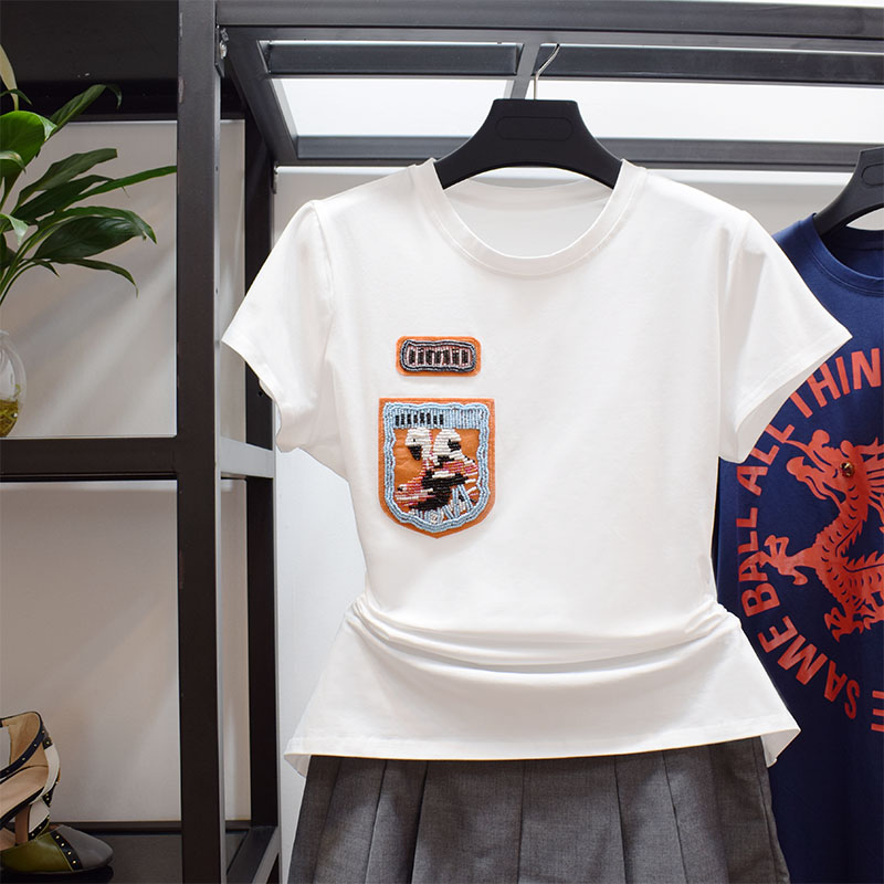 哥弟阿玛施正品2021年夏装新款纯棉钉珠休闲时尚修身短袖T恤女t桖
