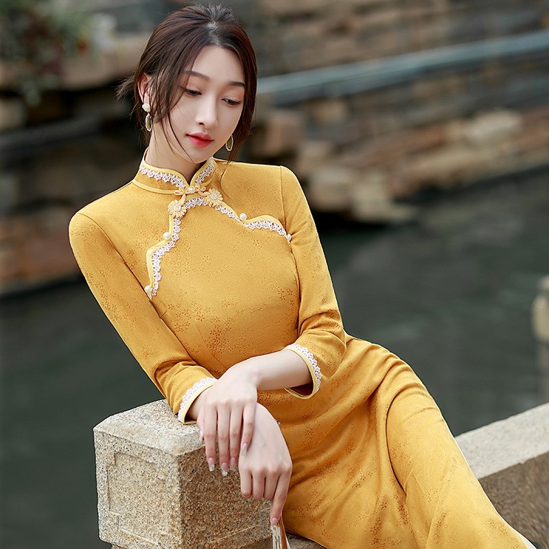 伴你黄色秋冬季新款复古麂皮旗袍中长淑女长袖旗袍