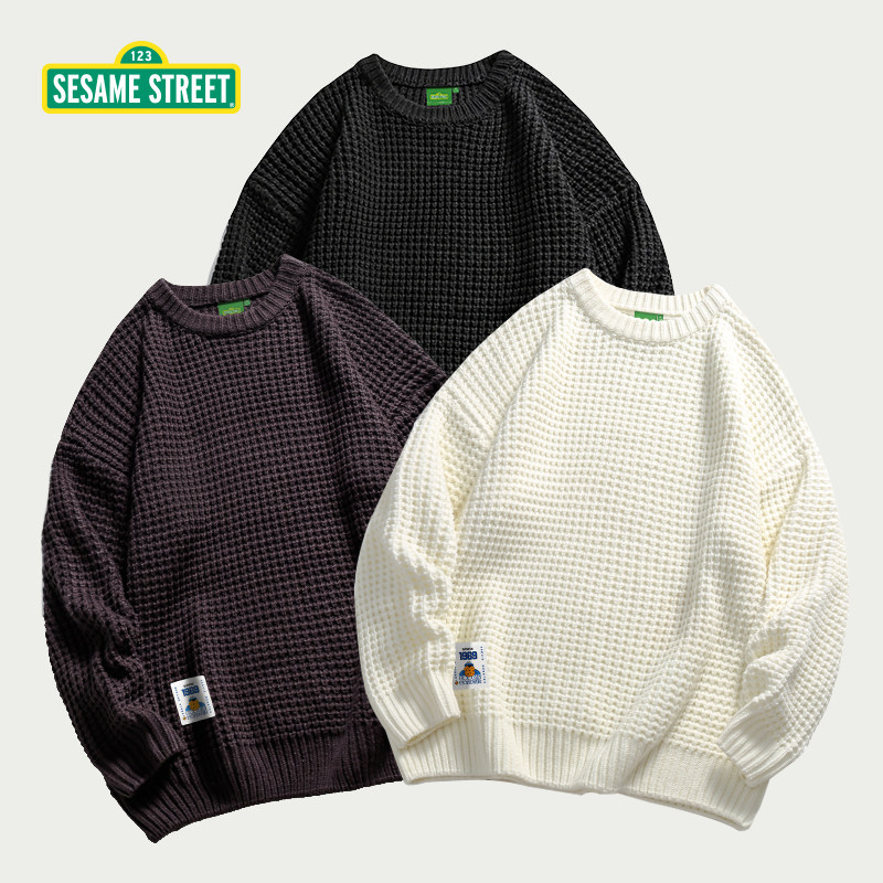 sesamestreet芝麻街华夫格圆领针织衫宽松潮牌套头毛衣针织衫