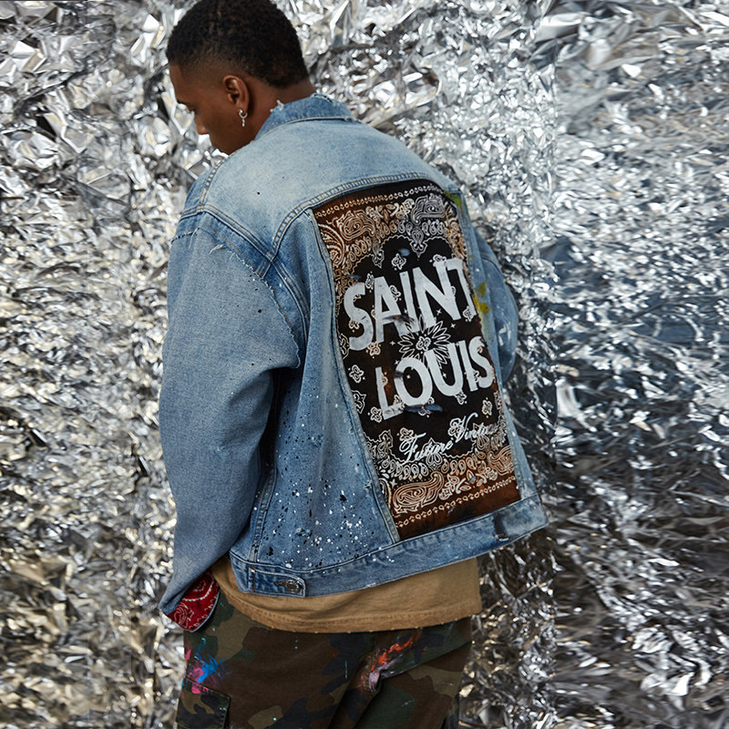 saintlouis秋季新款腰果花拼接上衣男女同款个性设计感牛仔外套