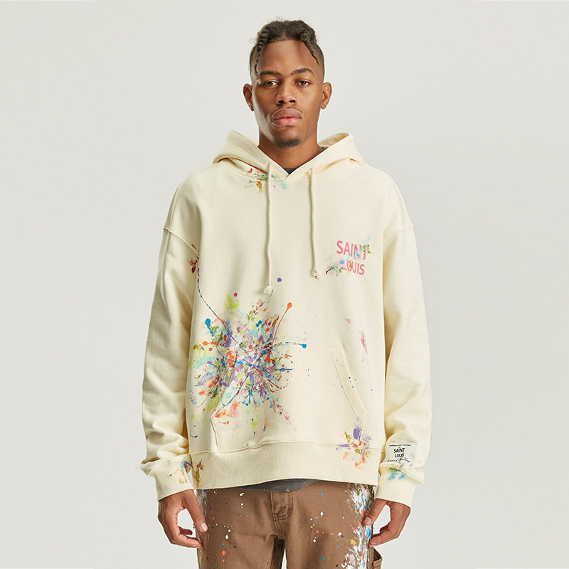 saintlouis复古多色闪粉泼墨做旧帽衫潮牌男女卫衣