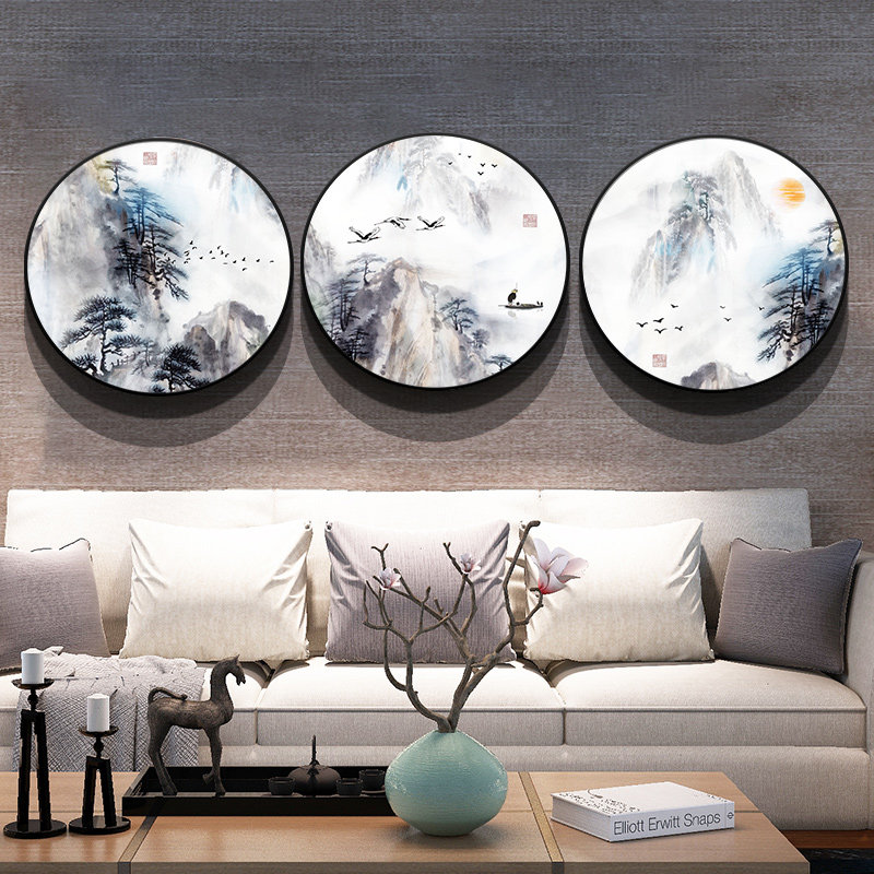 三联客厅圆形装饰画山水风景挂画玄关壁画餐厅现代装饰画