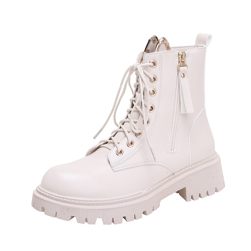 白色厚底马丁靴女2022英伦风加绒内增高显瘦系带短靴小个子瘦瘦靴