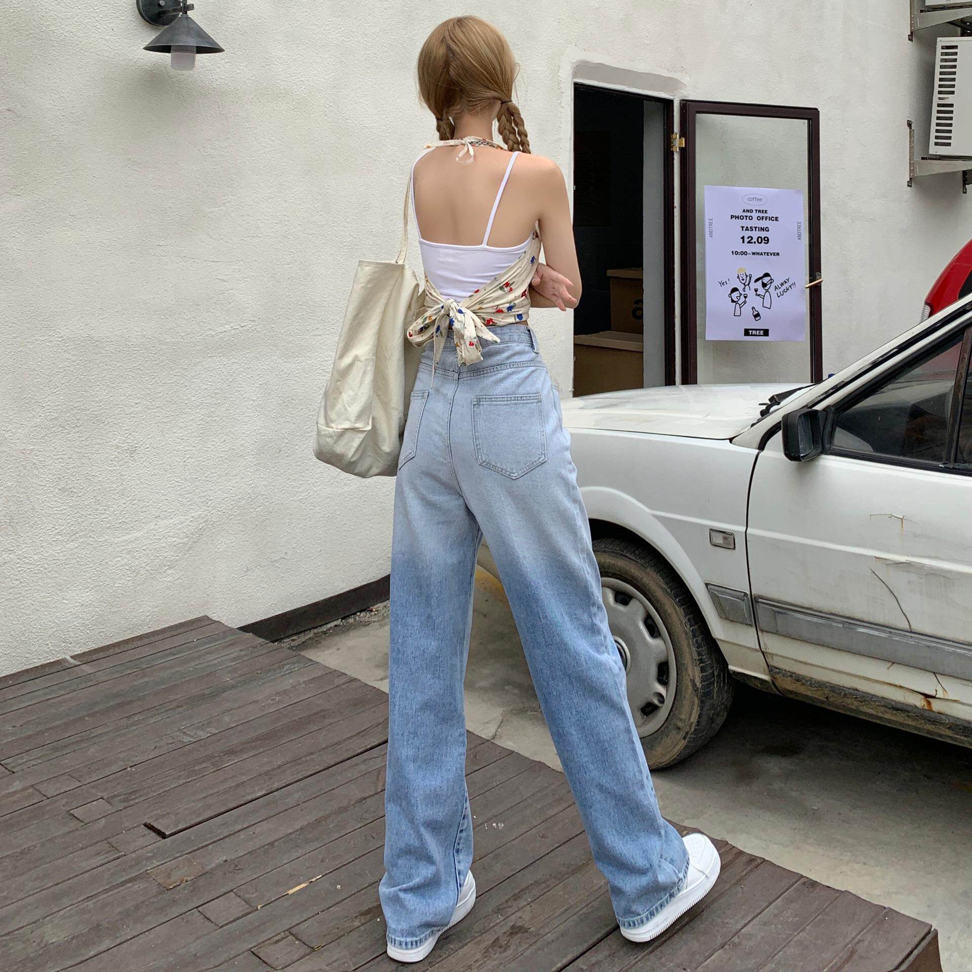 渐变色牛仔裤女直筒宽松夏季2022新款高腰拖地阔腿裤网红老爹裤子