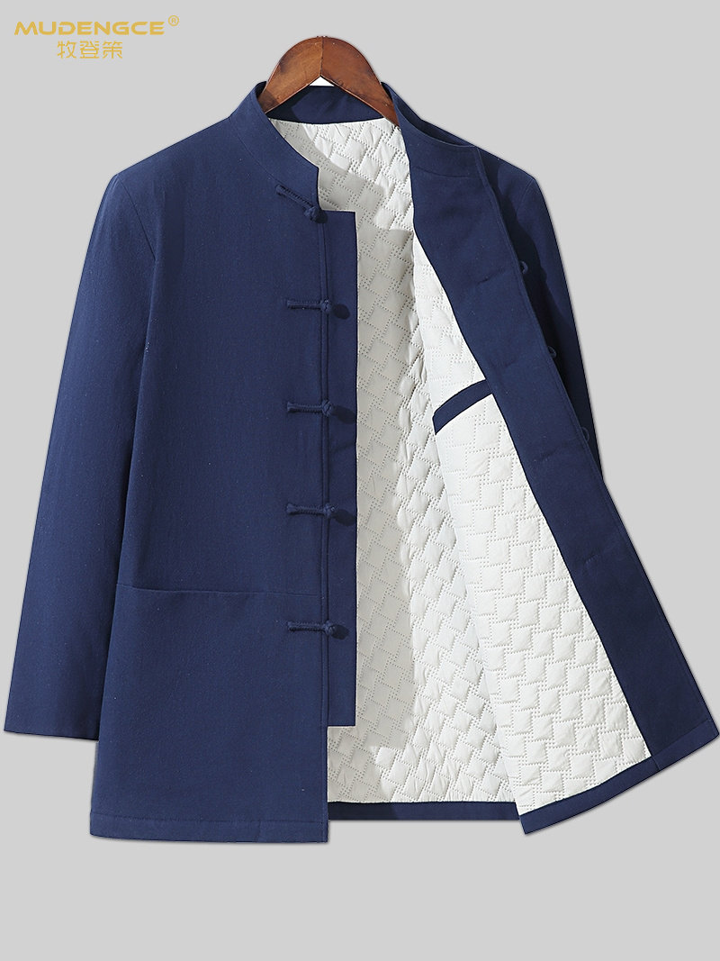 亚麻套装秋冬季爸爸加绒加厚唐装新款中式复古唐装