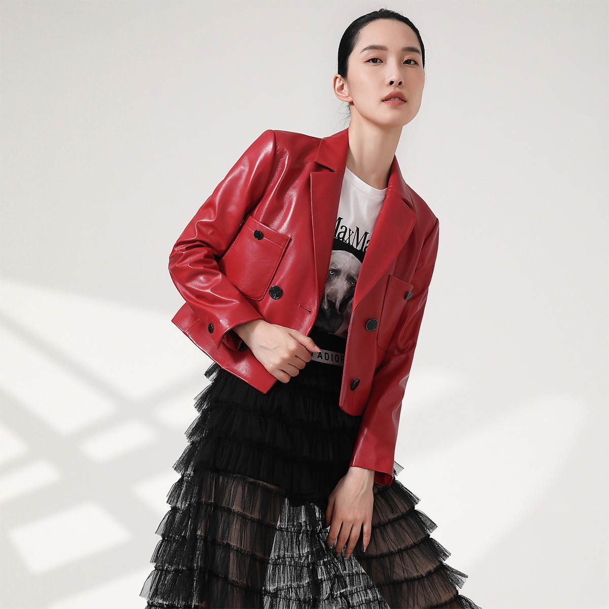 秋季红色长袖修身型欧美双排扣无腰带气质通勤皮衣