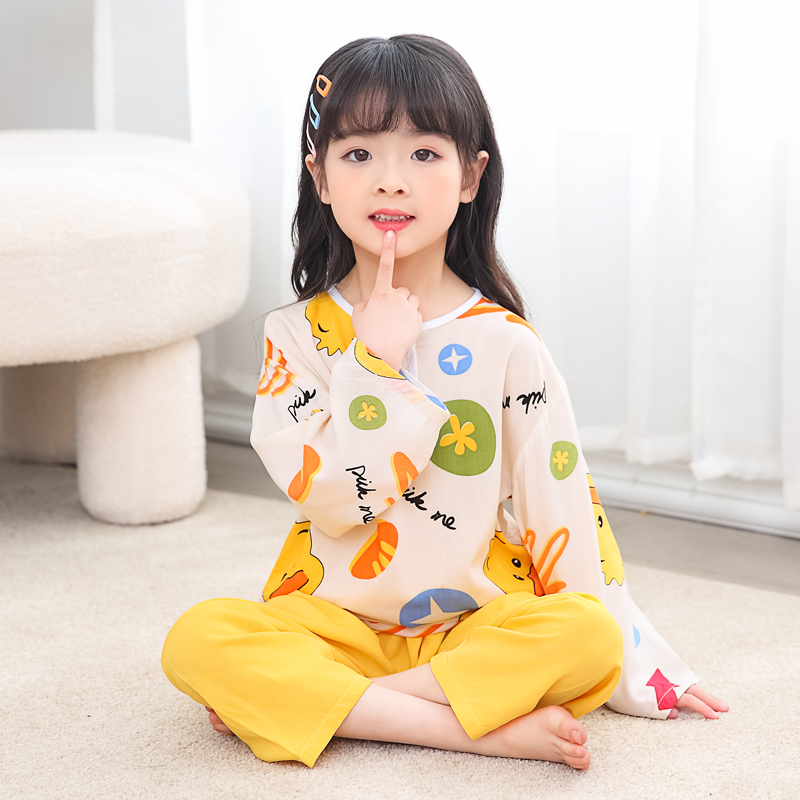 儿童睡衣夏季长袖薄款棉绸中大童女女童男孩家居服套装
