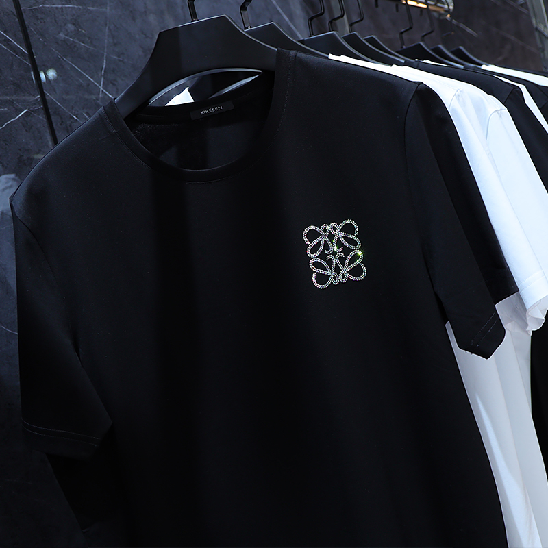 男士t恤短袖欧美简约烫钻丝光棉2022年夏季休闲凉感潮牌冰丝半袖