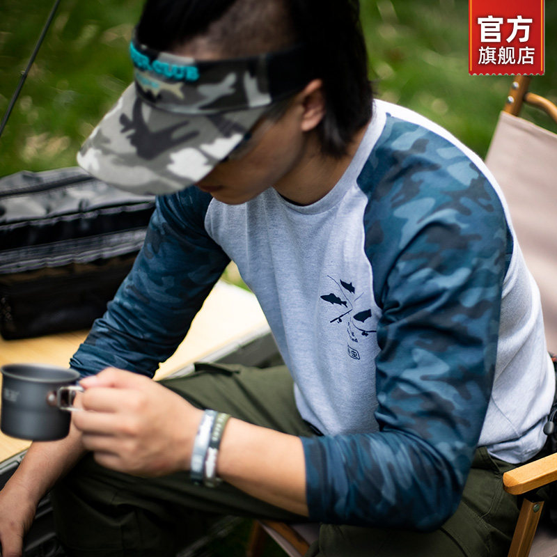 痴虫新款迷彩插肩长袖男士纯棉拼色圆领上衣运动t恤