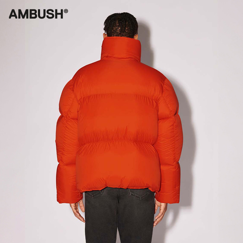 ambush款橘色羽绒服泡芙口袋高领保暖鸭绒女同品男羽绒服
