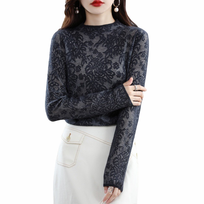 秋冬新款镂空纯羊毛衫女半高领纯色韩版蕾丝打底衫针织长袖毛衣