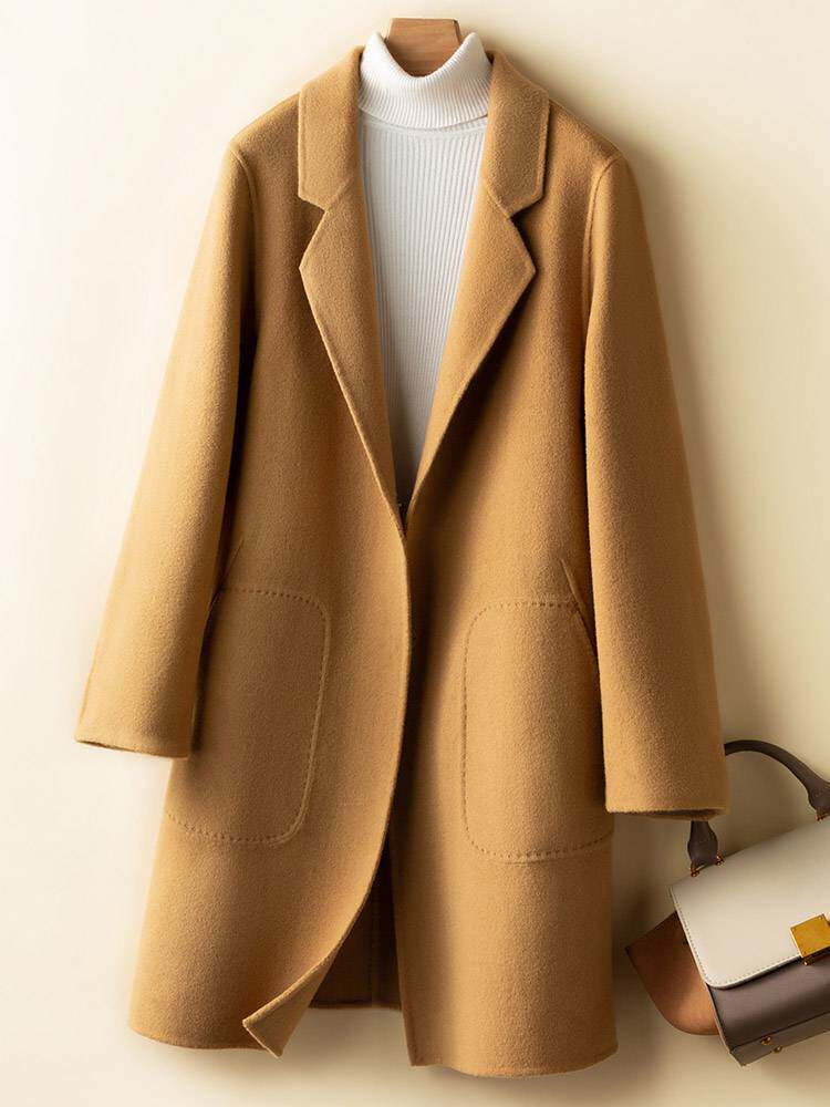 姜黄色秋冬纯羊毛双面呢大衣女中长款修身毛呢显瘦外套大码西装领