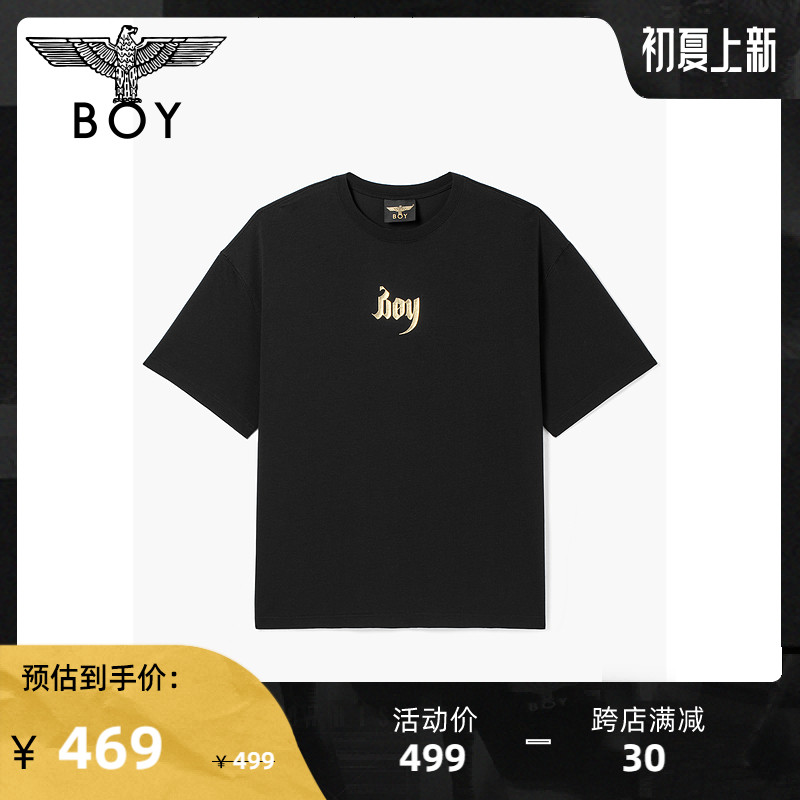 BOYLONDON情侣短袖22春夏新品上衣鹰翼烫金印花黑色休闲T恤N01024
