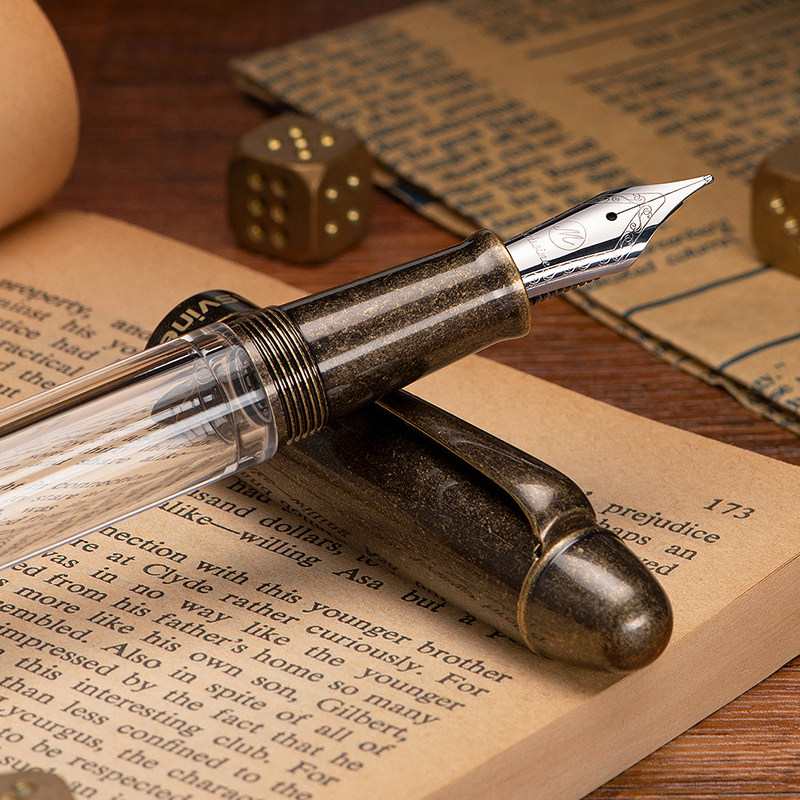 意斯书写练字高档黄铜复古钢笔塞上活塞树脂钢笔