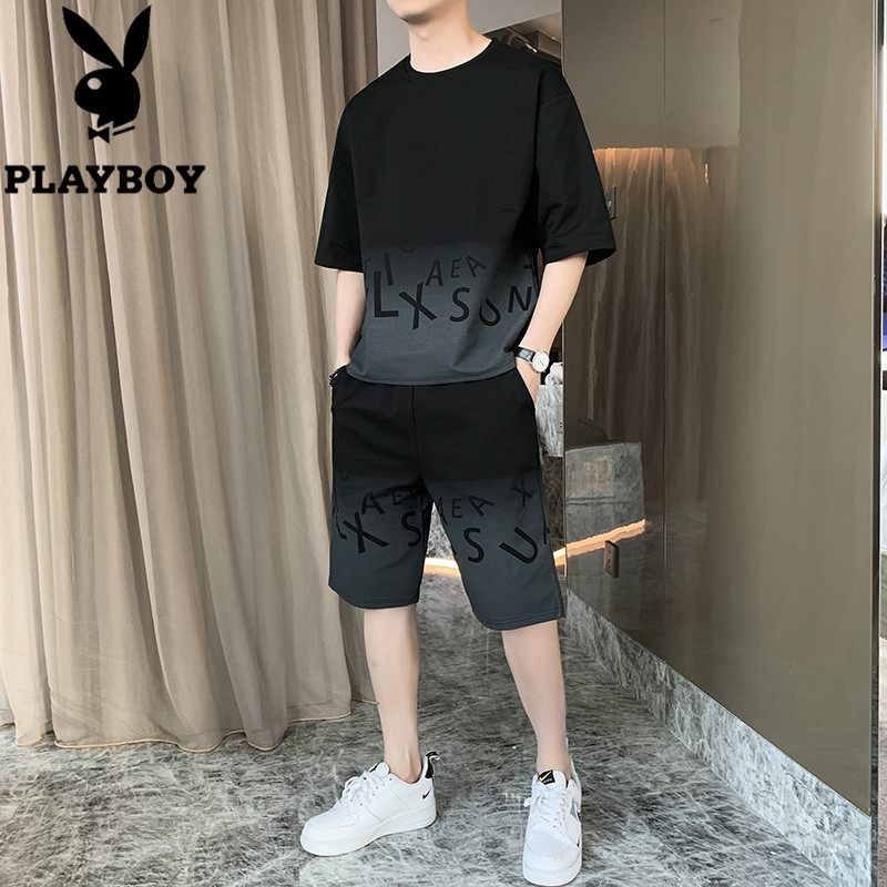 花花公子渐变色短袖t桖男士夏季套装潮流高端时尚冰丝休闲上衣服